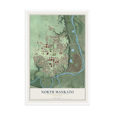 Map of North Mankato, Minnesota, 12 x 18 inch print in a white wood frame