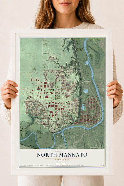 Map of North Mankato, Minnesota, 18 x 24 inch print in a white wood frame