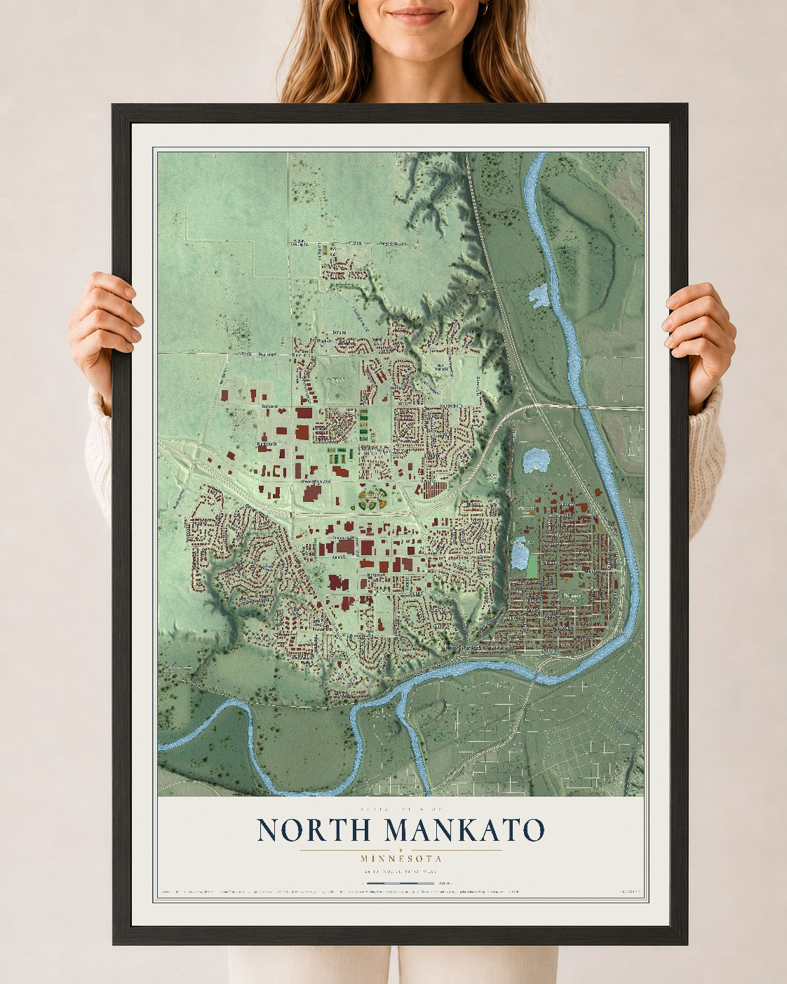 Map of North Mankato, Minnesota, 24 x 36 inch print in a black wood frame