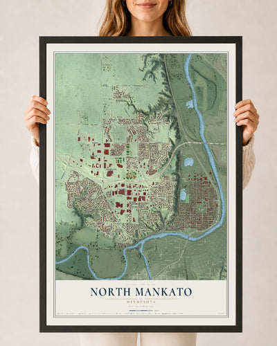 Map of North Mankato, Minnesota, 24 x 36 inch print in a black wood frame