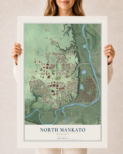 Map of North Mankato, Minnesota, 24 x 36 inch print in a white wood frame