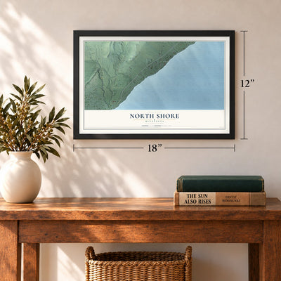 North Shore, Minnesota map, 12 x 18 inch print in a black frame in an entryway