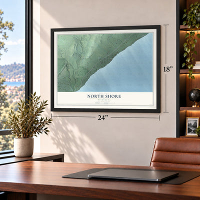 North Shore, Minnesota map, 18 x 24 inch print in a black frame in a home office