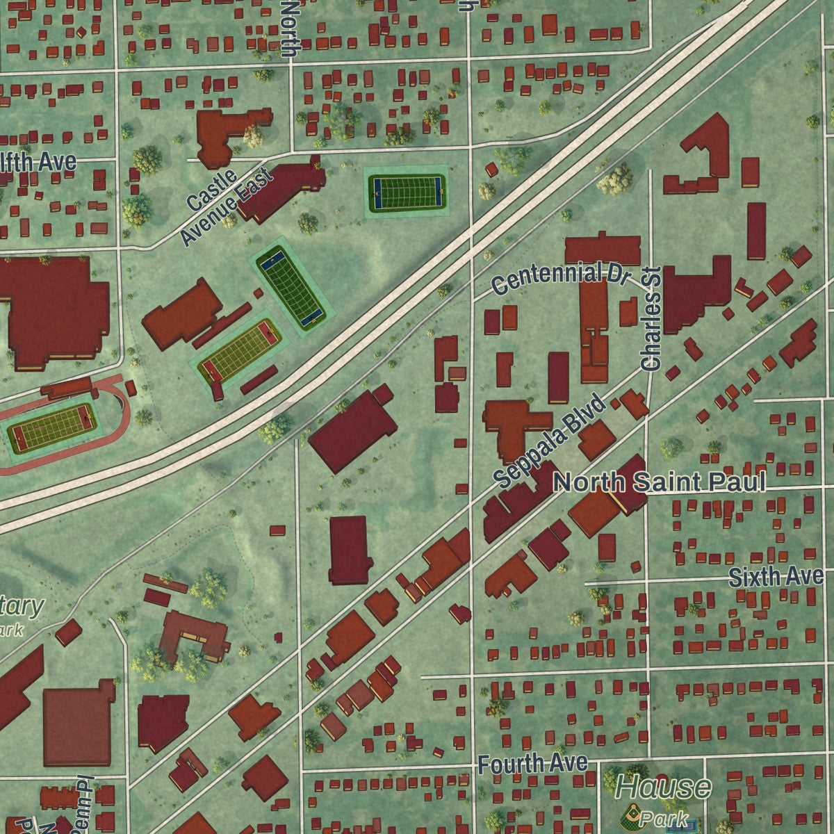 Second close-up of the map of North St. Paul, Minnesota print showing more streets and buildings