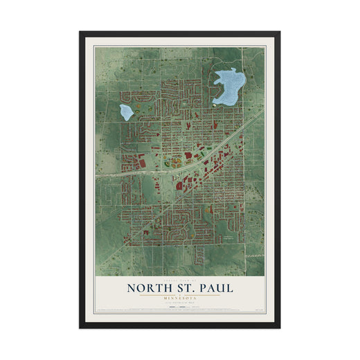 Map of North St. Paul, Minnesota, 12 x 18 inch print in a black wood frame