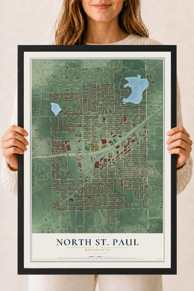 Map of North St. Paul, Minnesota, 18 x 24 inch print in a black wood frame