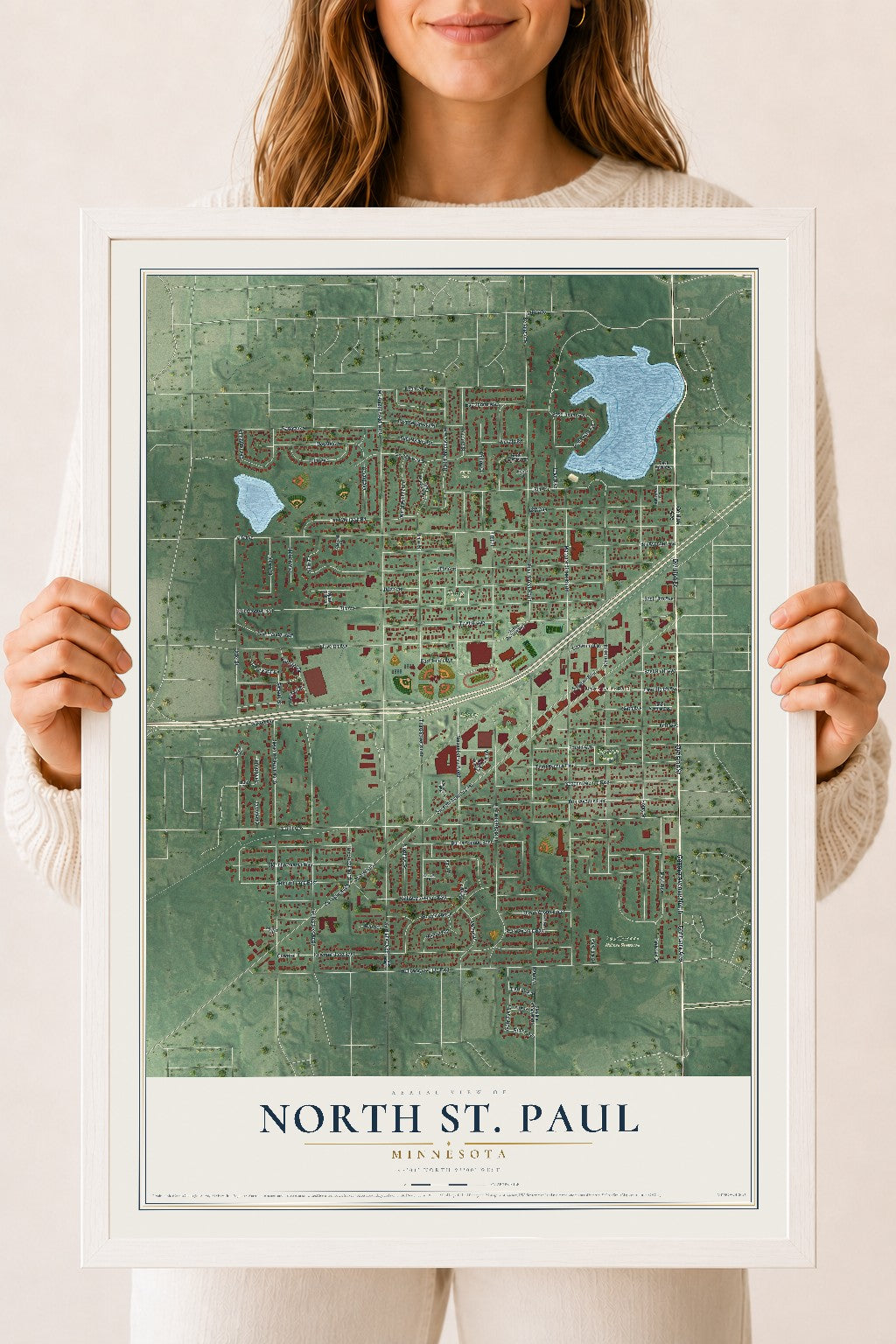 Map of North St. Paul, Minnesota, 18 x 24 inch print in a white wood frame