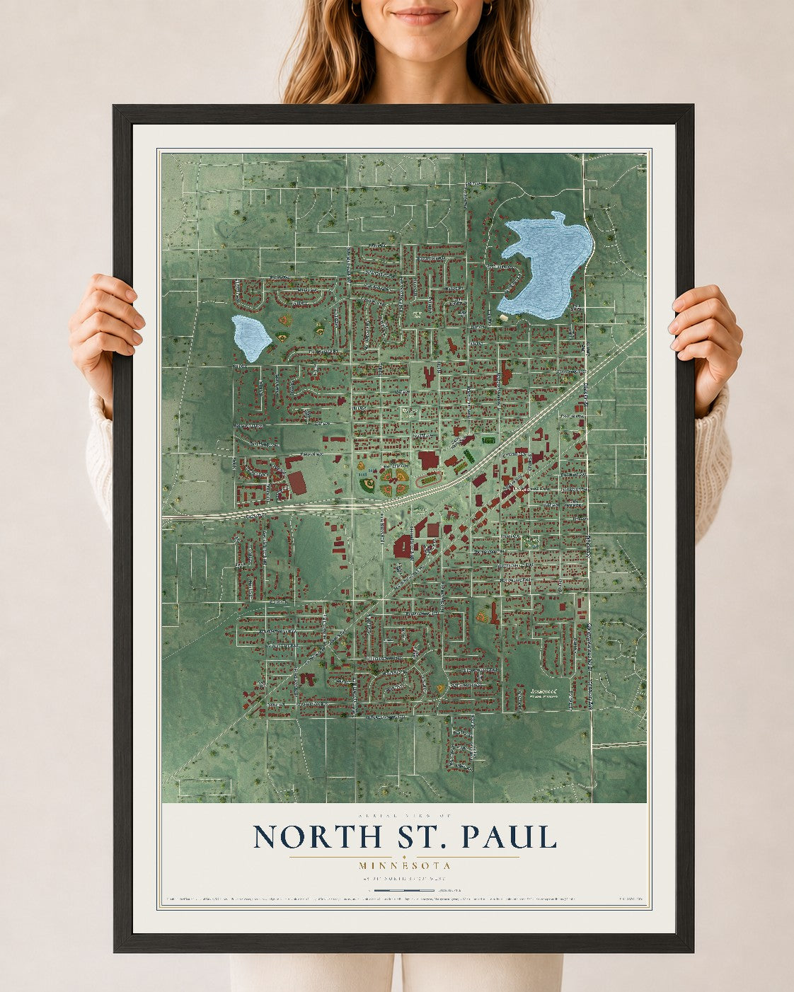 Map of North St. Paul, Minnesota, 24 x 36 inch print in a black wood frame
