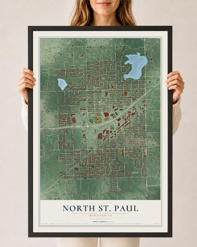 Map of North St. Paul, Minnesota, 24 x 36 inch print in a black wood frame