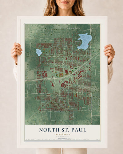 Map of North St. Paul, Minnesota, 24 x 36 inch print in a white wood frame
