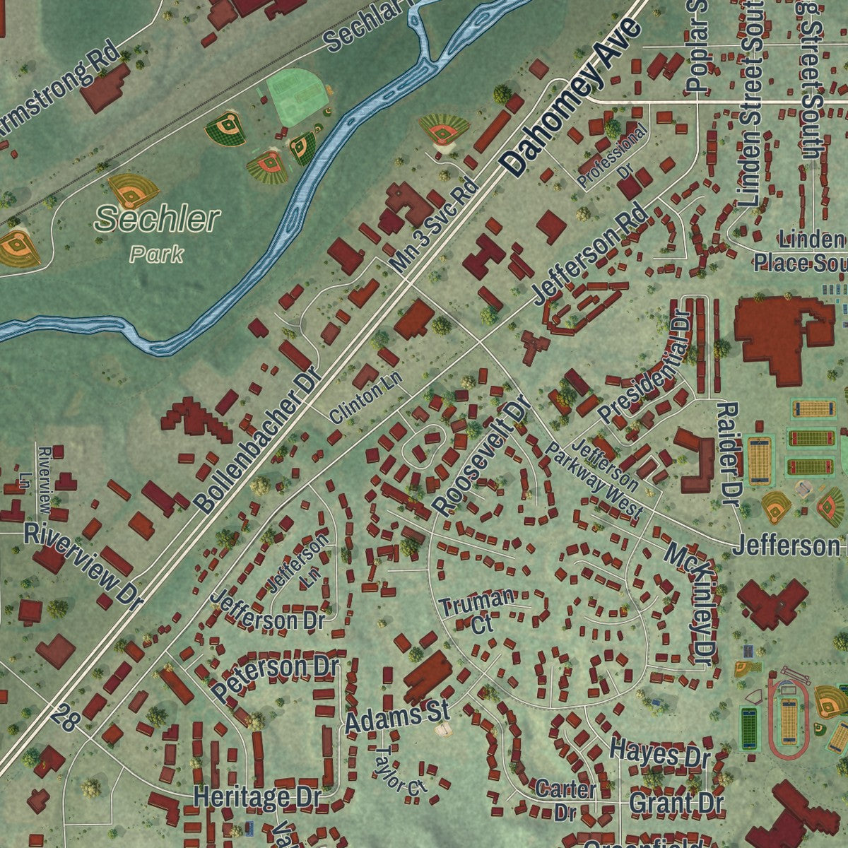 Close-up of the map of Northfield, Minnesota print showing street and building detail