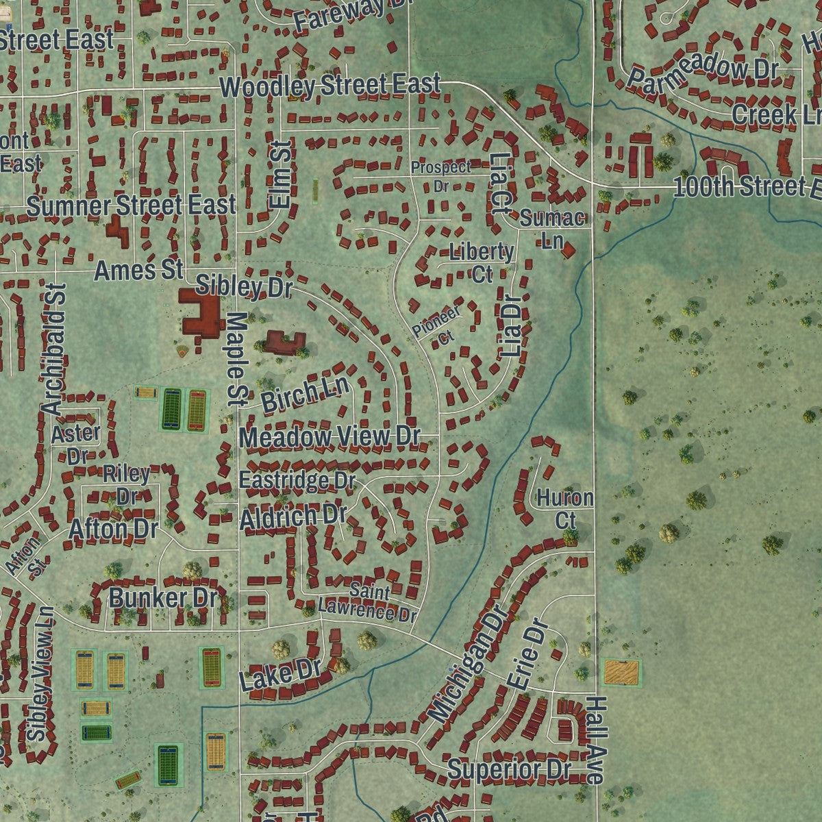 Second close-up of the map of Northfield, Minnesota print showing more streets and buildings