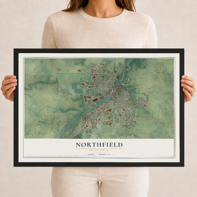Map of Northfield, Minnesota, 12 x 18 inch print in a black wood frame