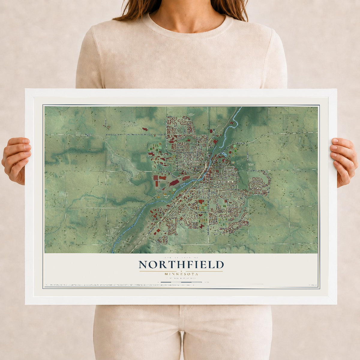 Map of Northfield, Minnesota, 12 x 18 inch print in a white wood frame