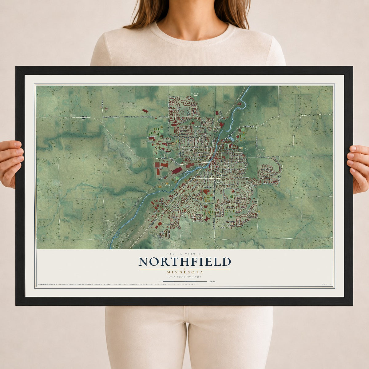 Map of Northfield, Minnesota, 18 x 24 inch print in a black wood frame