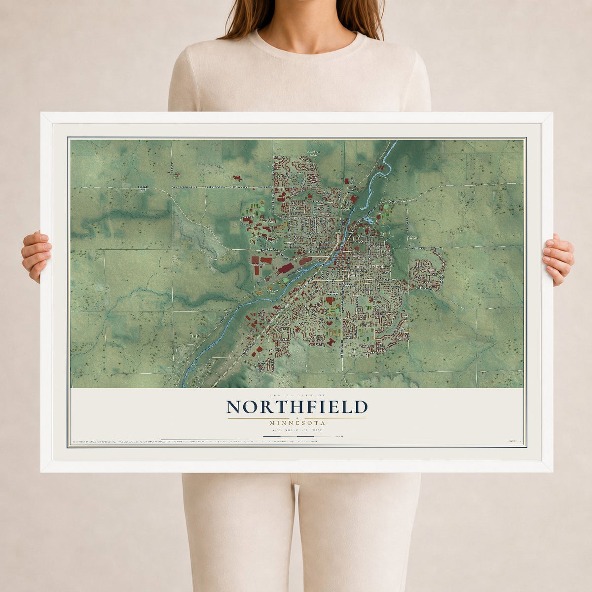 Map of Northfield, Minnesota, 24 x 36 inch print in a white wood frame