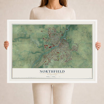Map of Northfield, Minnesota, 24 x 36 inch print in a white wood frame