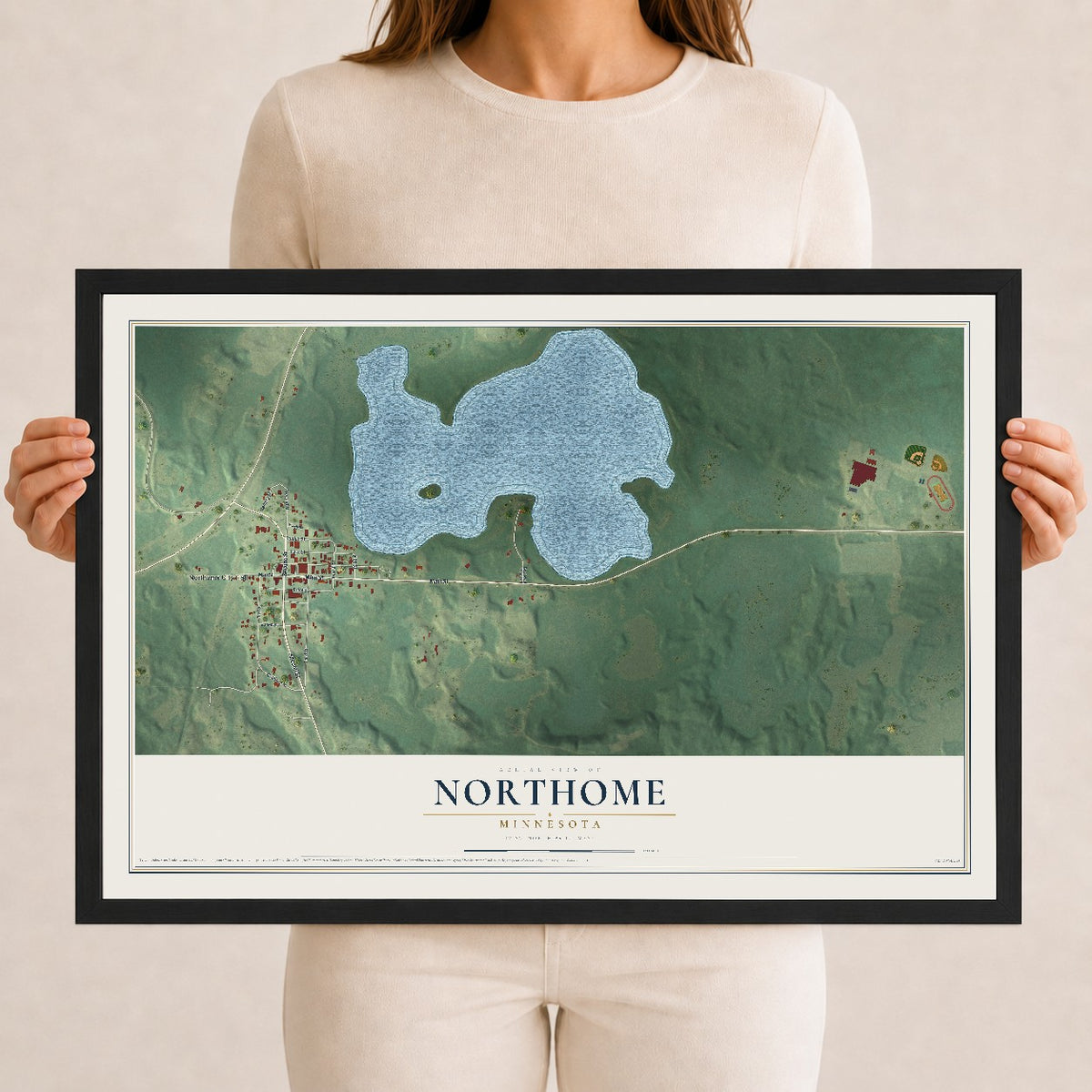 Map of Northome, Minnesota, 12 x 18 inch print in a black wood frame