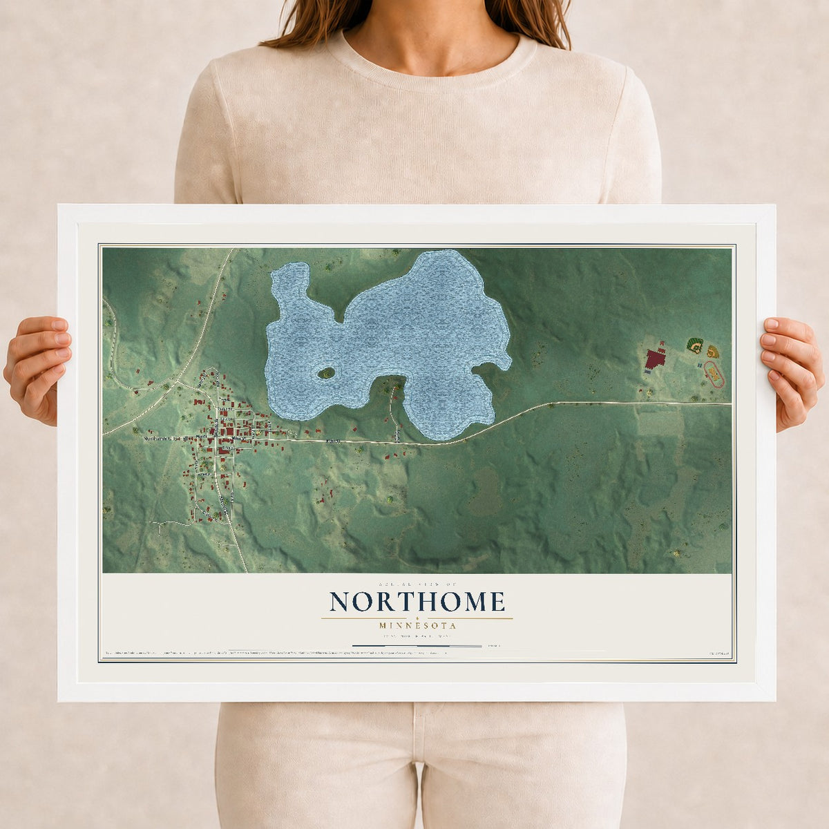 Map of Northome, Minnesota, 12 x 18 inch print in a white wood frame