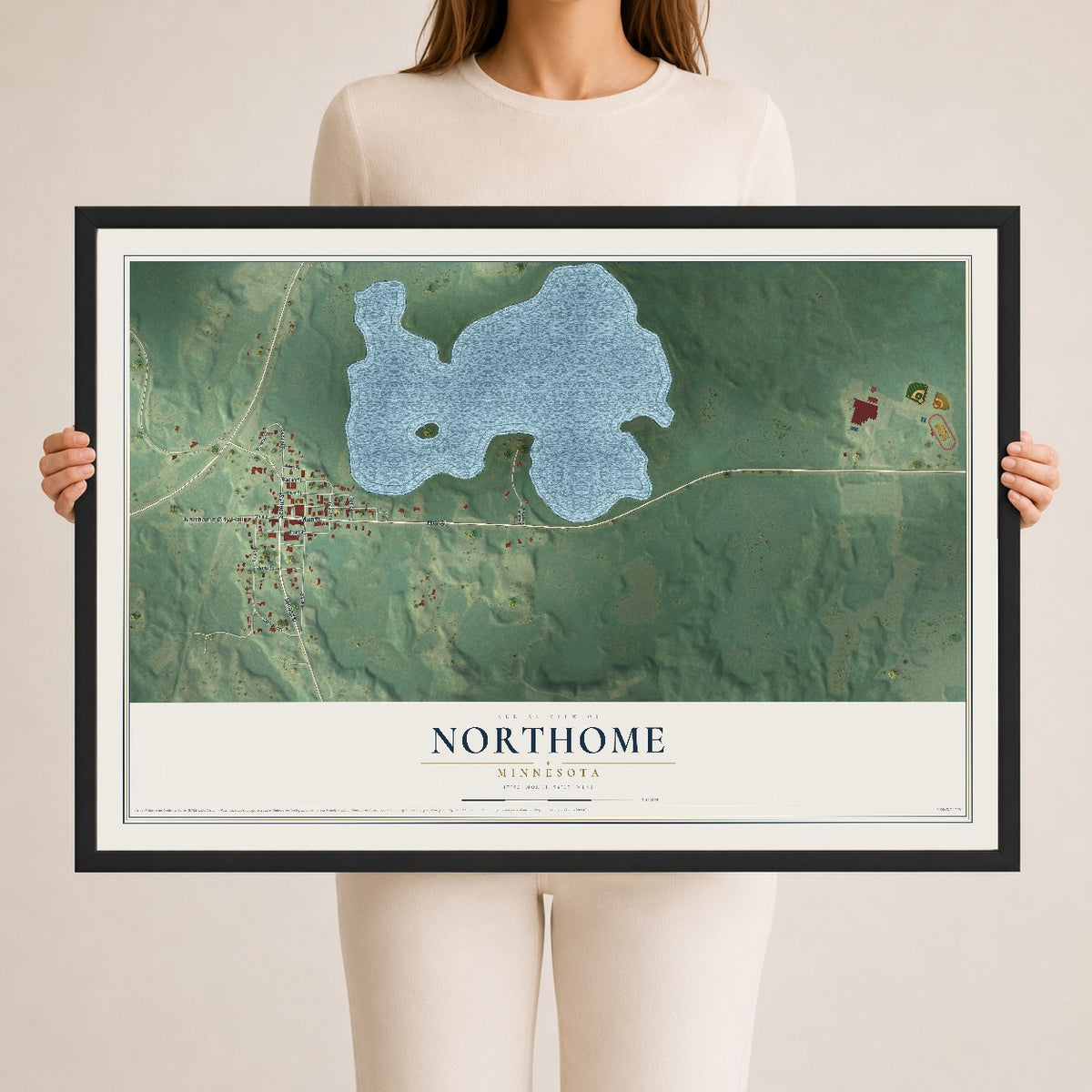 Map of Northome, Minnesota, 24 x 36 inch print in a black wood frame