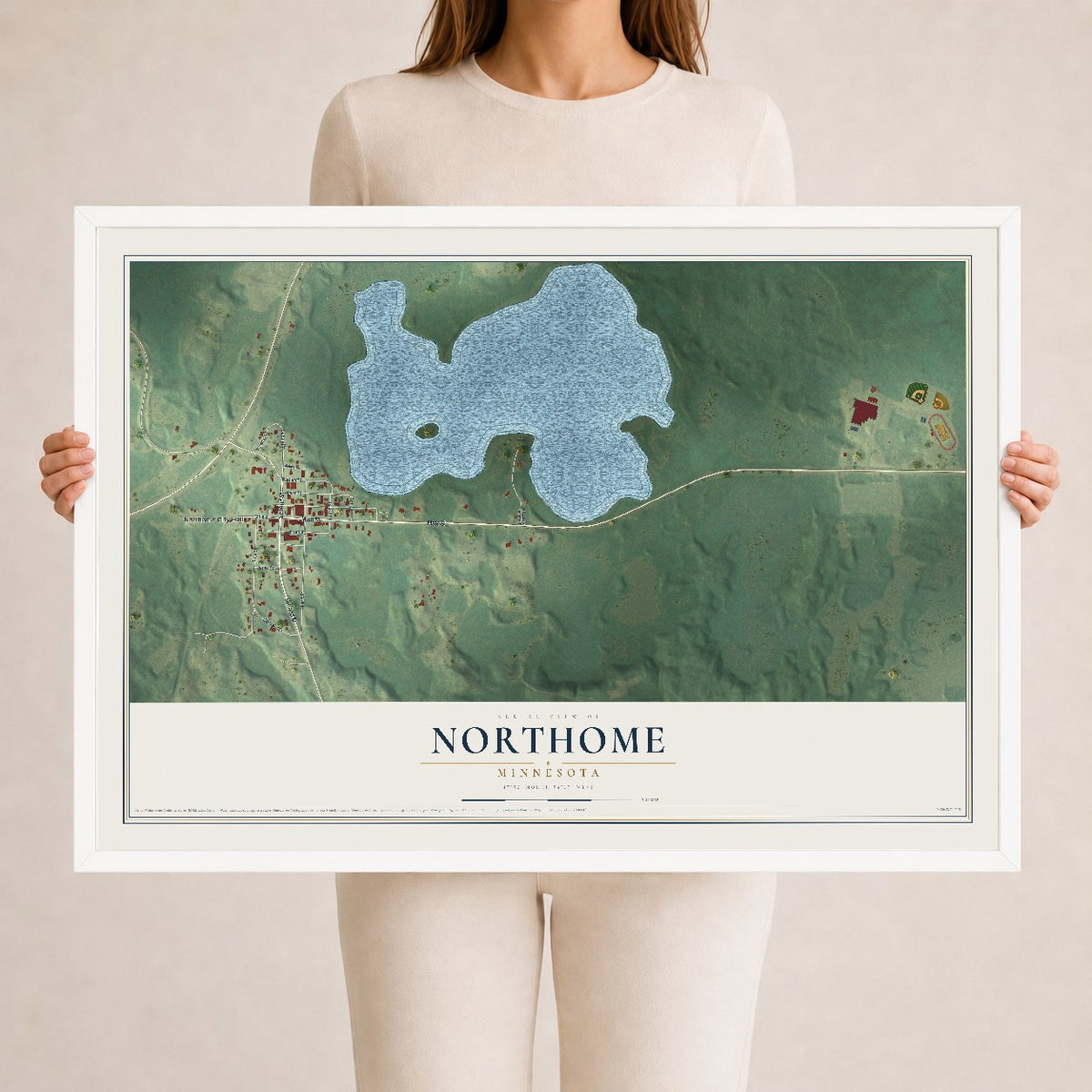 Map of Northome, Minnesota, 24 x 36 inch print in a white wood frame