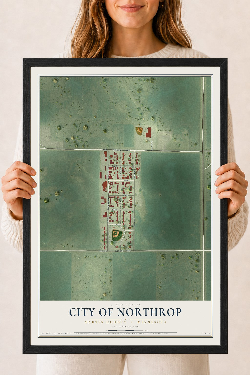 Map of Northrop, Minnesota, 18 x 24 inch print in a black wood frame