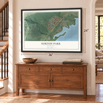 Norton Park, Minnesota map, 24 x 36 inch print in a black frame above a dresser by a staircase