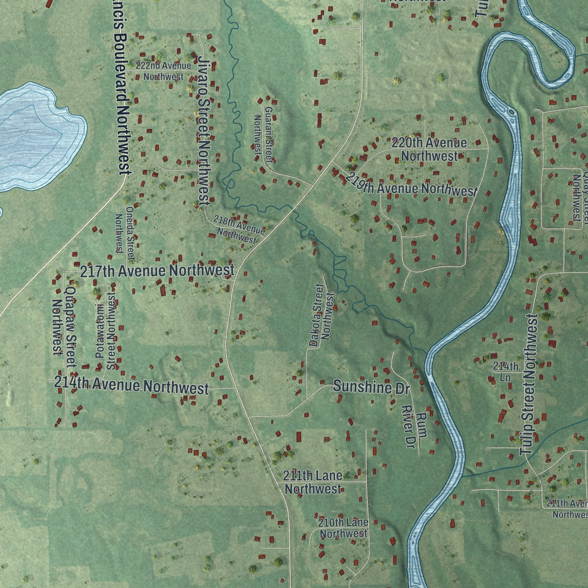 Close-up of the map of Oak Grove, Minnesota print showing street and building detail