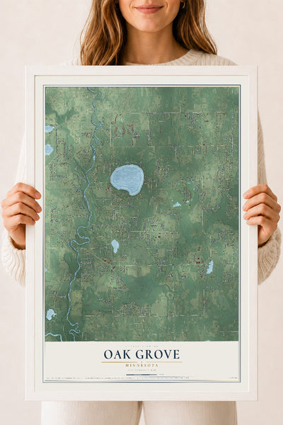 Map of Oak Grove, Minnesota, 18 x 24 inch print in a white wood frame
