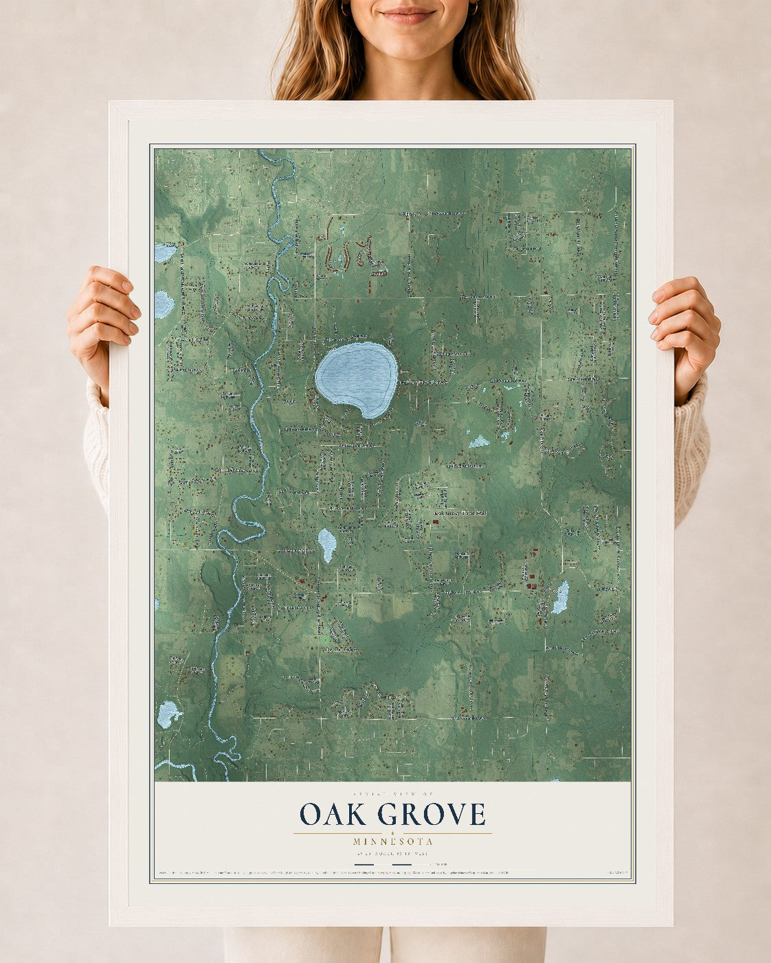 Map of Oak Grove, Minnesota, 24 x 36 inch print in a white wood frame