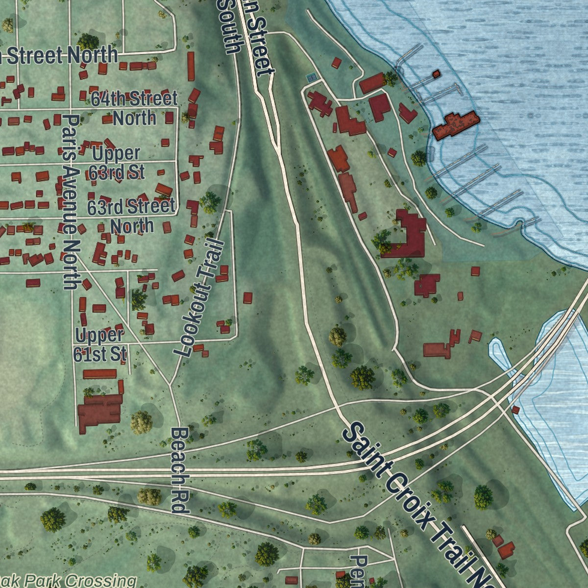 Second close-up of the map of Oak Park Heights, Minnesota print showing more streets and buildings