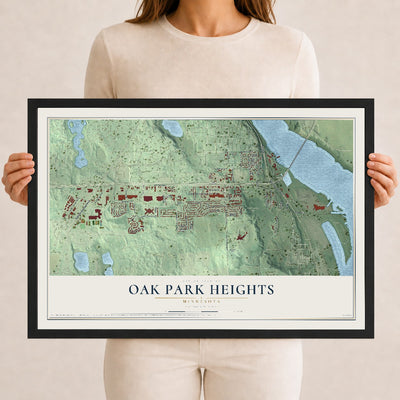 Map of Oak Park Heights, Minnesota, 12 x 18 inch print in a black wood frame