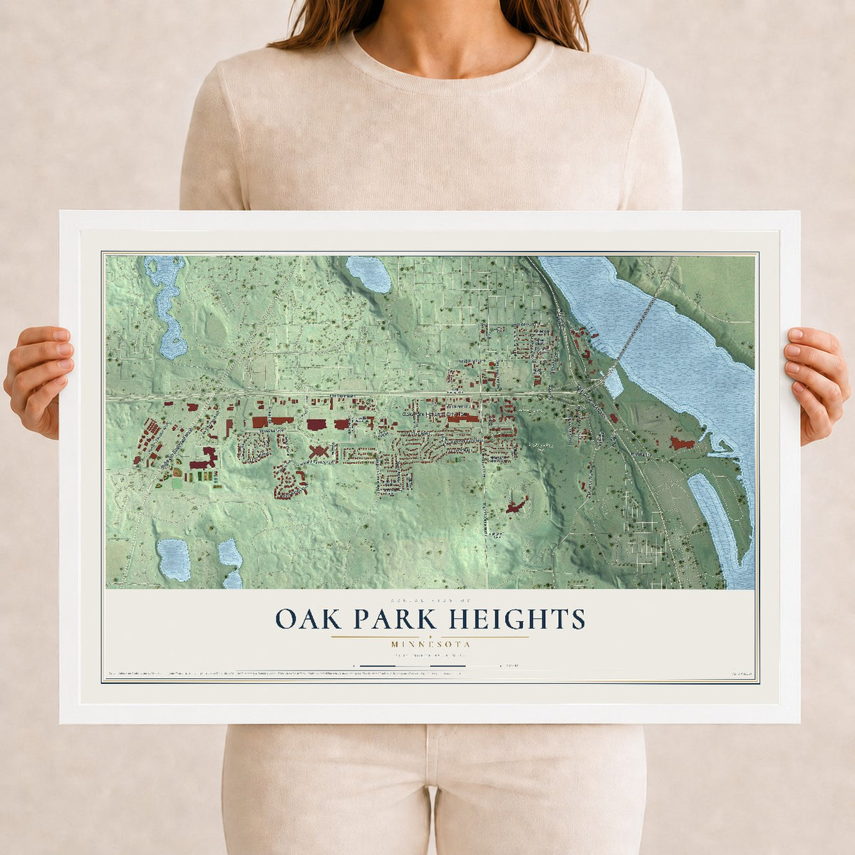 Map of Oak Park Heights, Minnesota, 12 x 18 inch print in a white wood frame