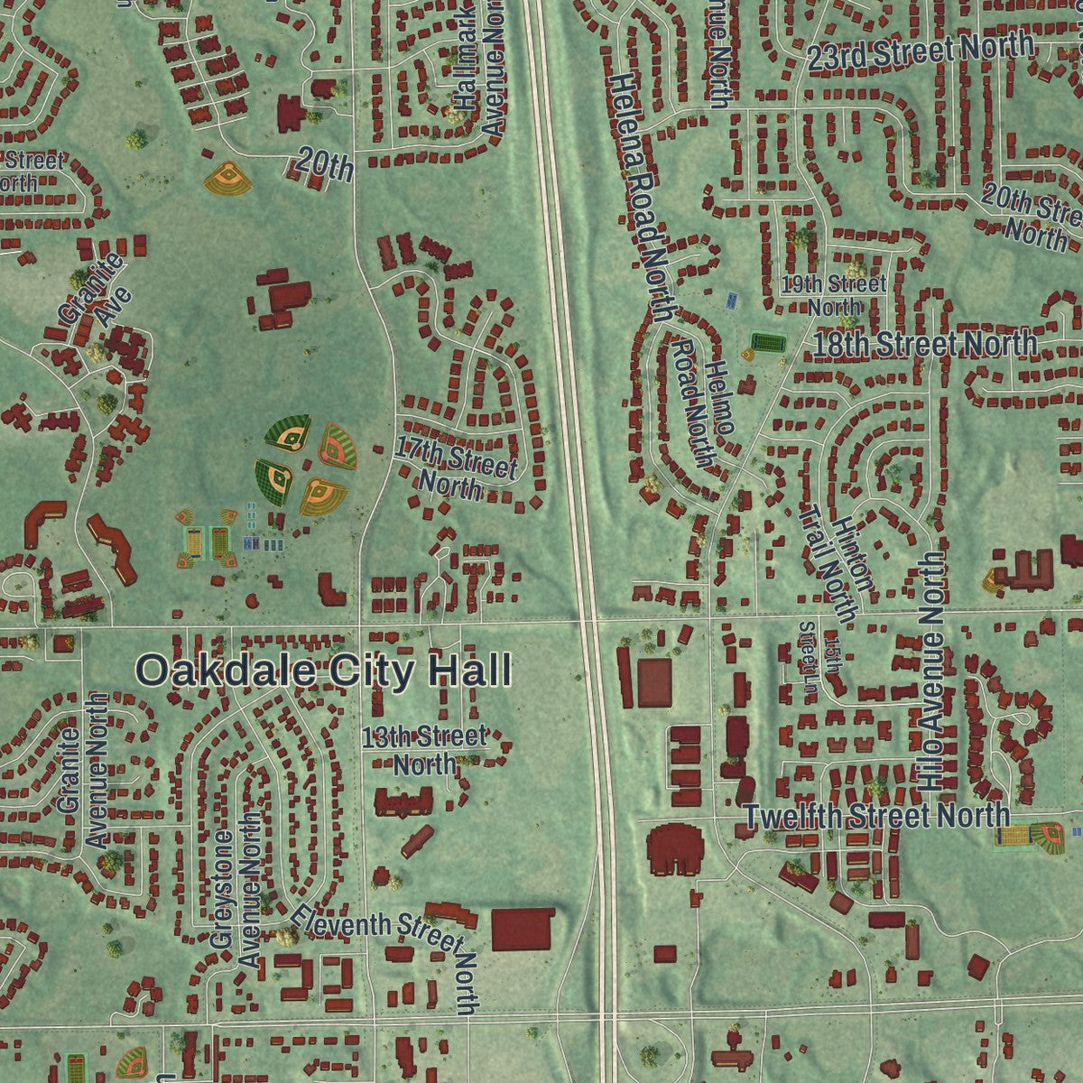 Close-up of the map of Oakdale, Minnesota print showing street and building detail