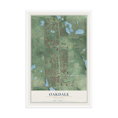 Map of Oakdale, Minnesota, 12 x 18 inch print in a white wood frame
