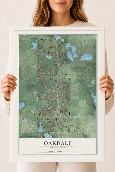 Map of Oakdale, Minnesota, 18 x 24 inch print in a white wood frame