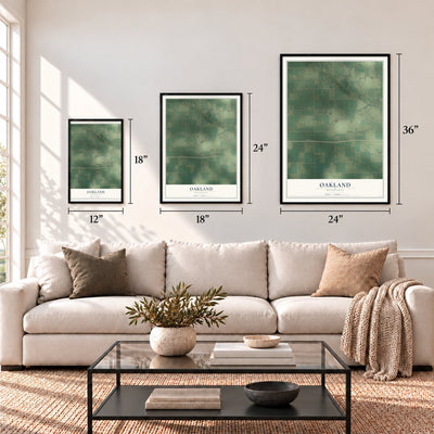 Oakland, Minnesota map in 12 x 18, 18 x 24 and 24 x 36 inch sizes above a sofa