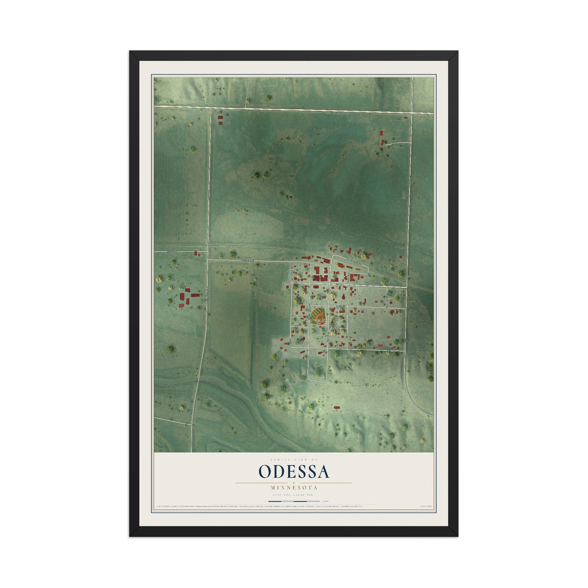 Map of Odessa, Minnesota, 12 x 18 inch print in a black wood frame