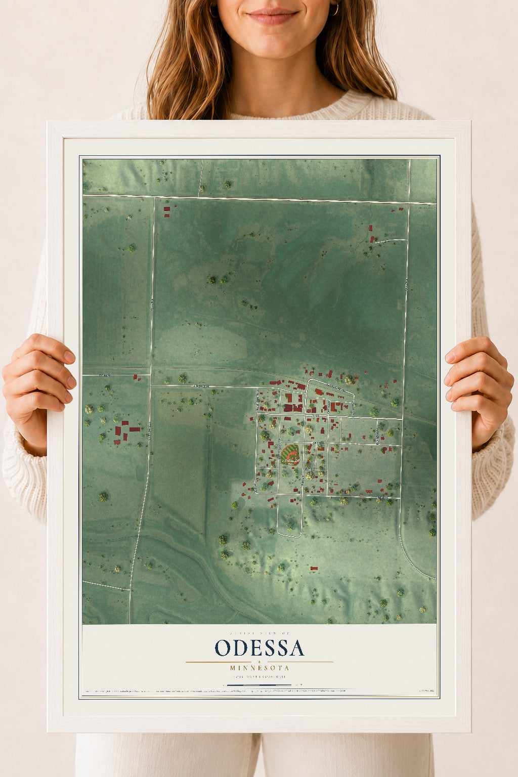 Map of Odessa, Minnesota, 18 x 24 inch print in a white wood frame