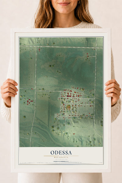 Map of Odessa, Minnesota, 18 x 24 inch print in a white wood frame