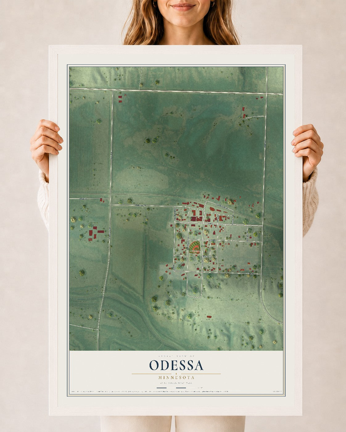 Map of Odessa, Minnesota, 24 x 36 inch print in a white wood frame