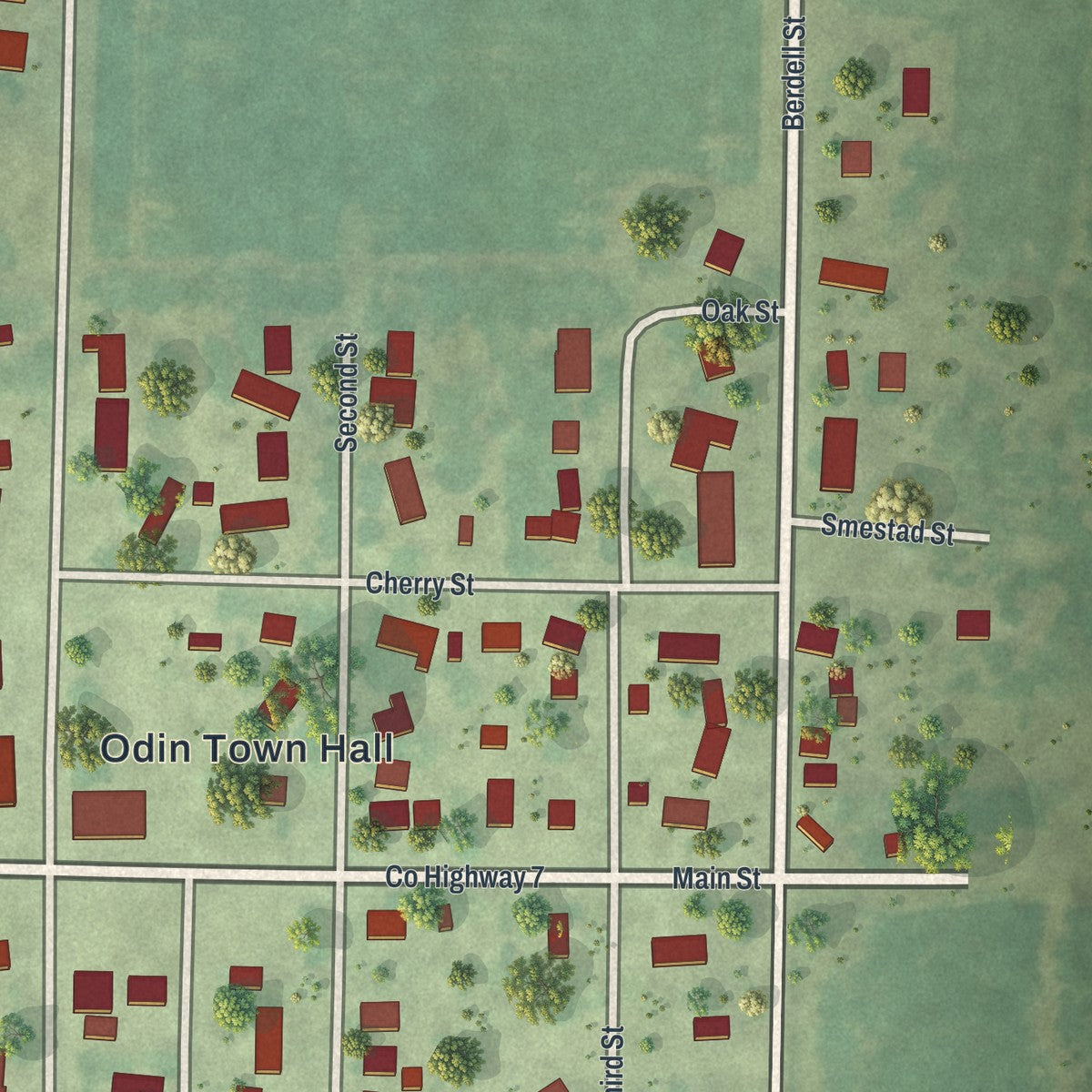 Close-up of the map of Odin, Minnesota print showing street and building detail
