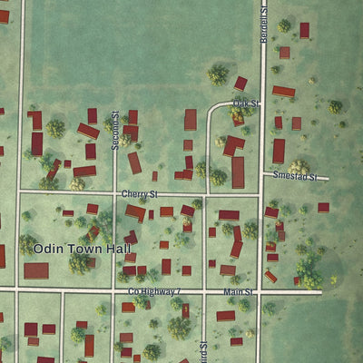 Close-up of the map of Odin, Minnesota print showing street and building detail