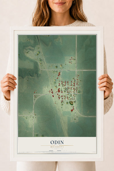 Map of Odin, Minnesota, 18 x 24 inch print in a white wood frame