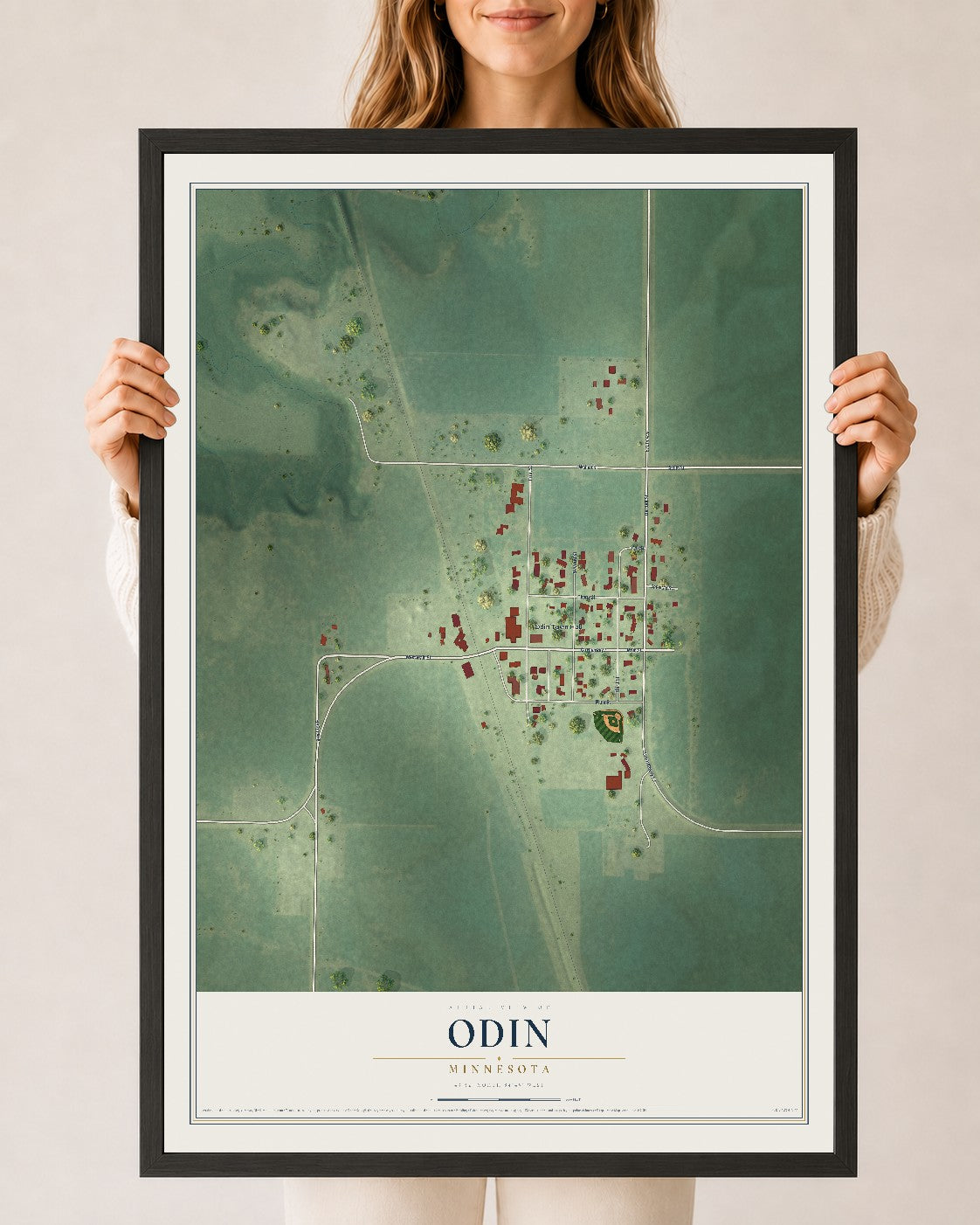 Map of Odin, Minnesota, 24 x 36 inch print in a black wood frame