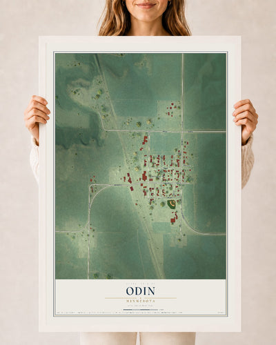 Map of Odin, Minnesota, 24 x 36 inch print in a white wood frame