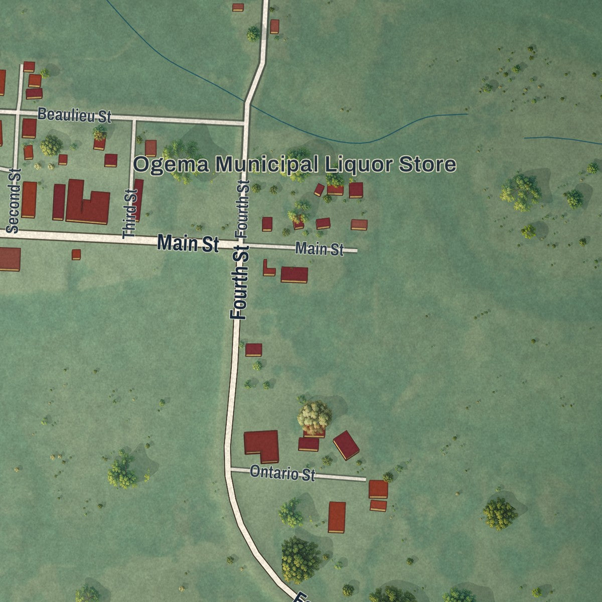 Second close-up of the map of Ogema, Minnesota print showing more streets and buildings