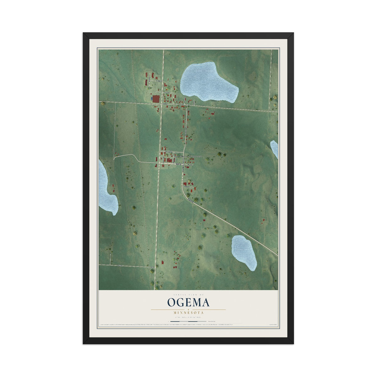 Map of Ogema, Minnesota, 12 x 18 inch print in a black wood frame