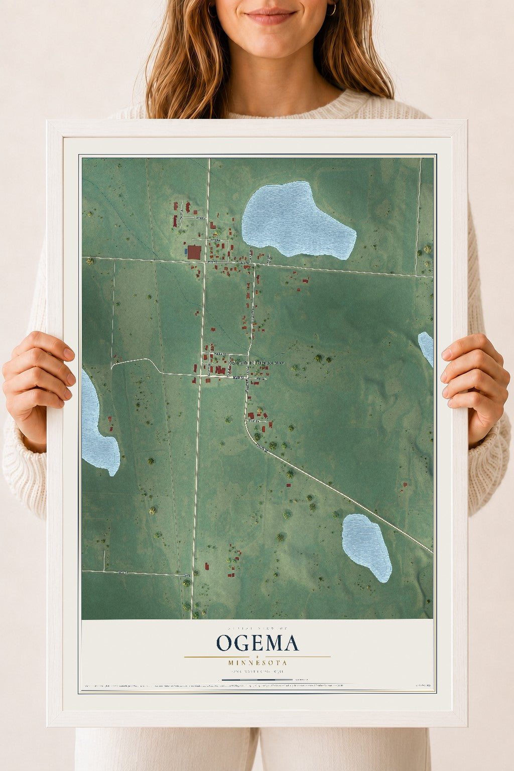 Map of Ogema, Minnesota, 18 x 24 inch print in a white wood frame