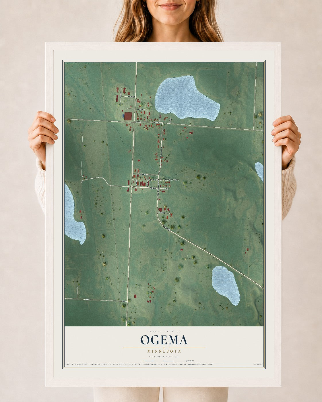 Map of Ogema, Minnesota, 24 x 36 inch print in a white wood frame